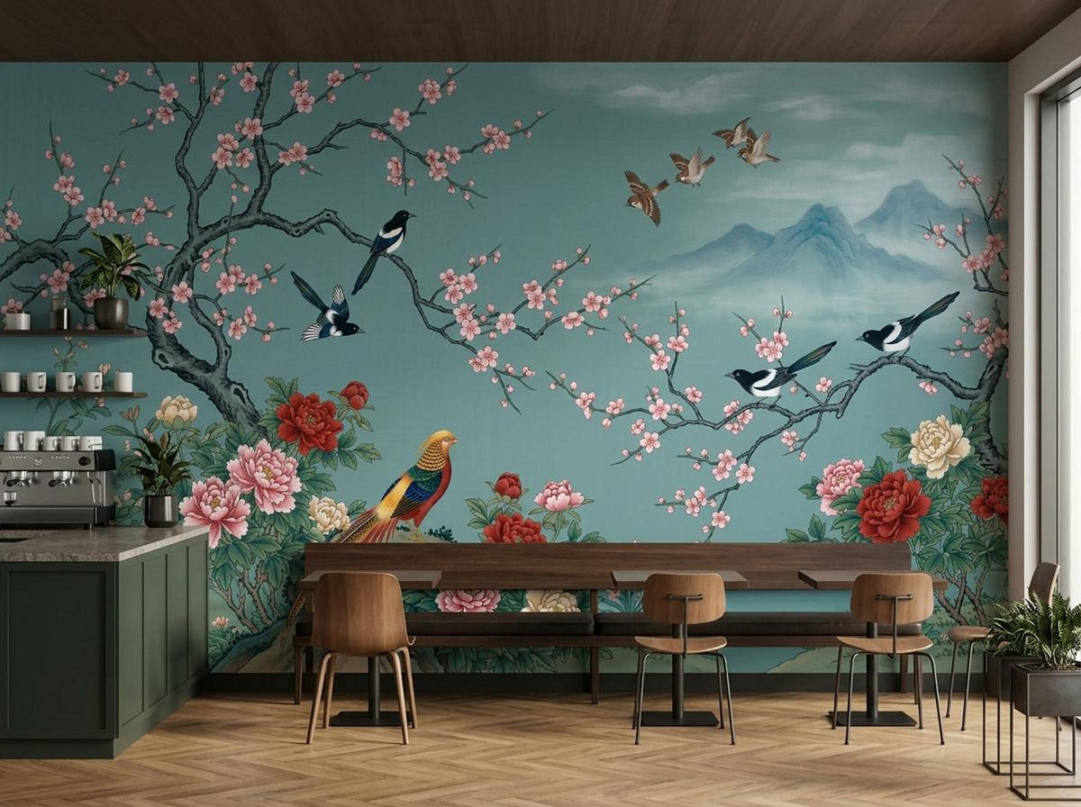 A teal chinoiserie wallpaper mural with cherry blossoms, magpies, and mountains serves as a backdrop for a modern kitchen with a green island and wooden stools.