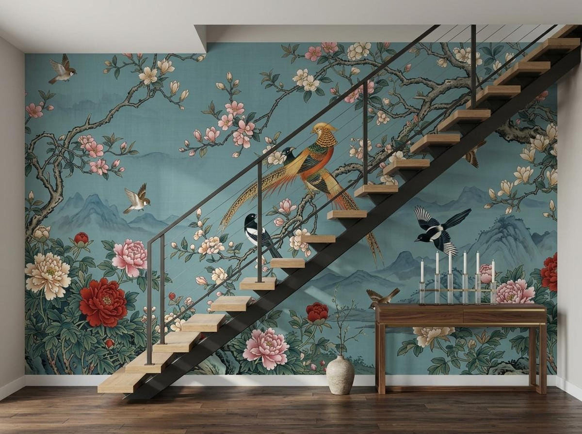 A wooden staircase with open steps positioned against the teal oriental wallpaper mural.