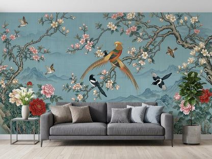 A gray sofa centered in front of the teal mural depicting birds and pink peonies on tree branches.