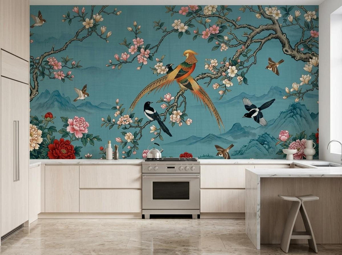 A modern white kitchen featuring the teal bird and flower wallpaper mural on the main accent wall.