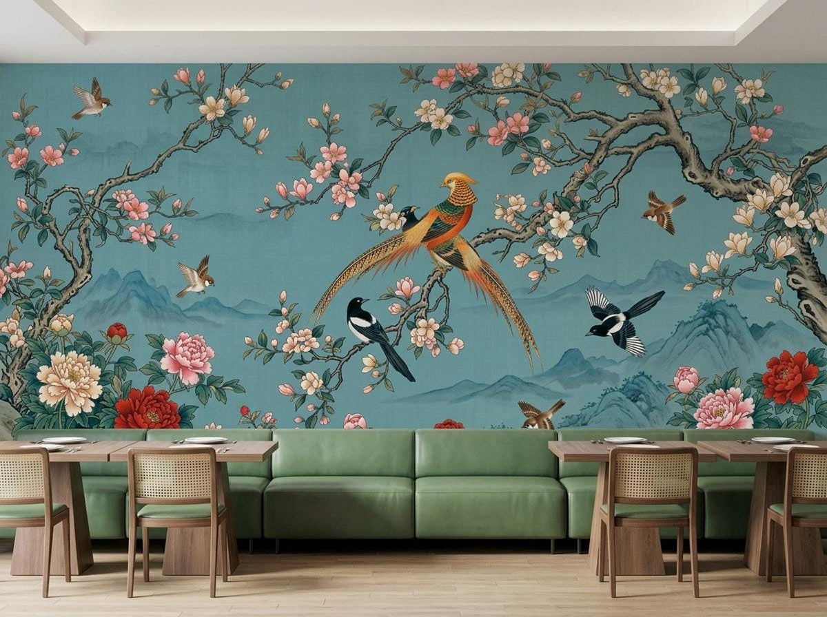 A teal wallpaper mural featuring Chinese art with birds and flowers, displayed above a green velvet sofa and dining tables.