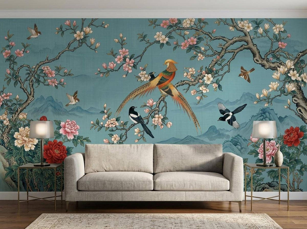 A neutral sofa flanked by two lamps with patterned shades, set against the teal bird and flower wallpaper.
