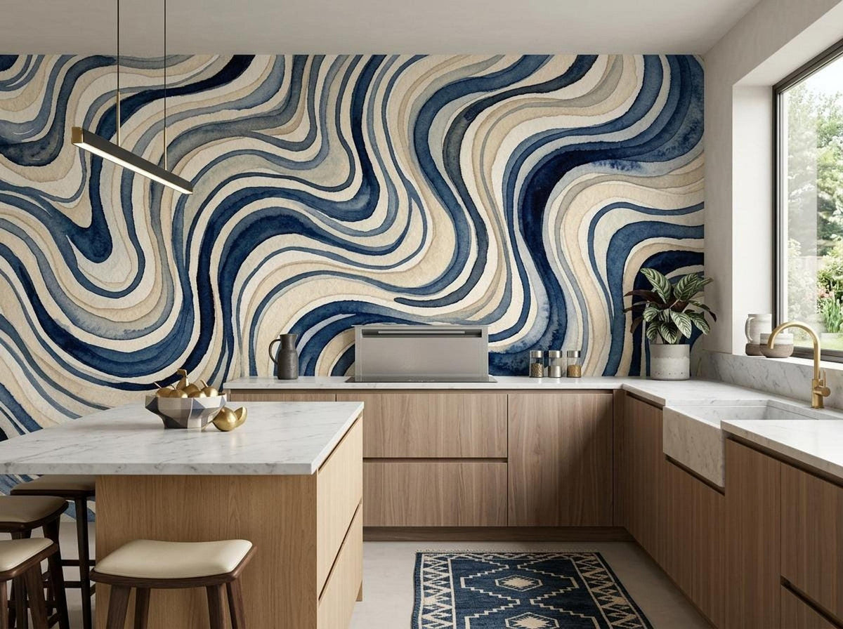 A modern kitchen features light wood cabinets and a marble island against a blue abstract watercolor wallpaper.