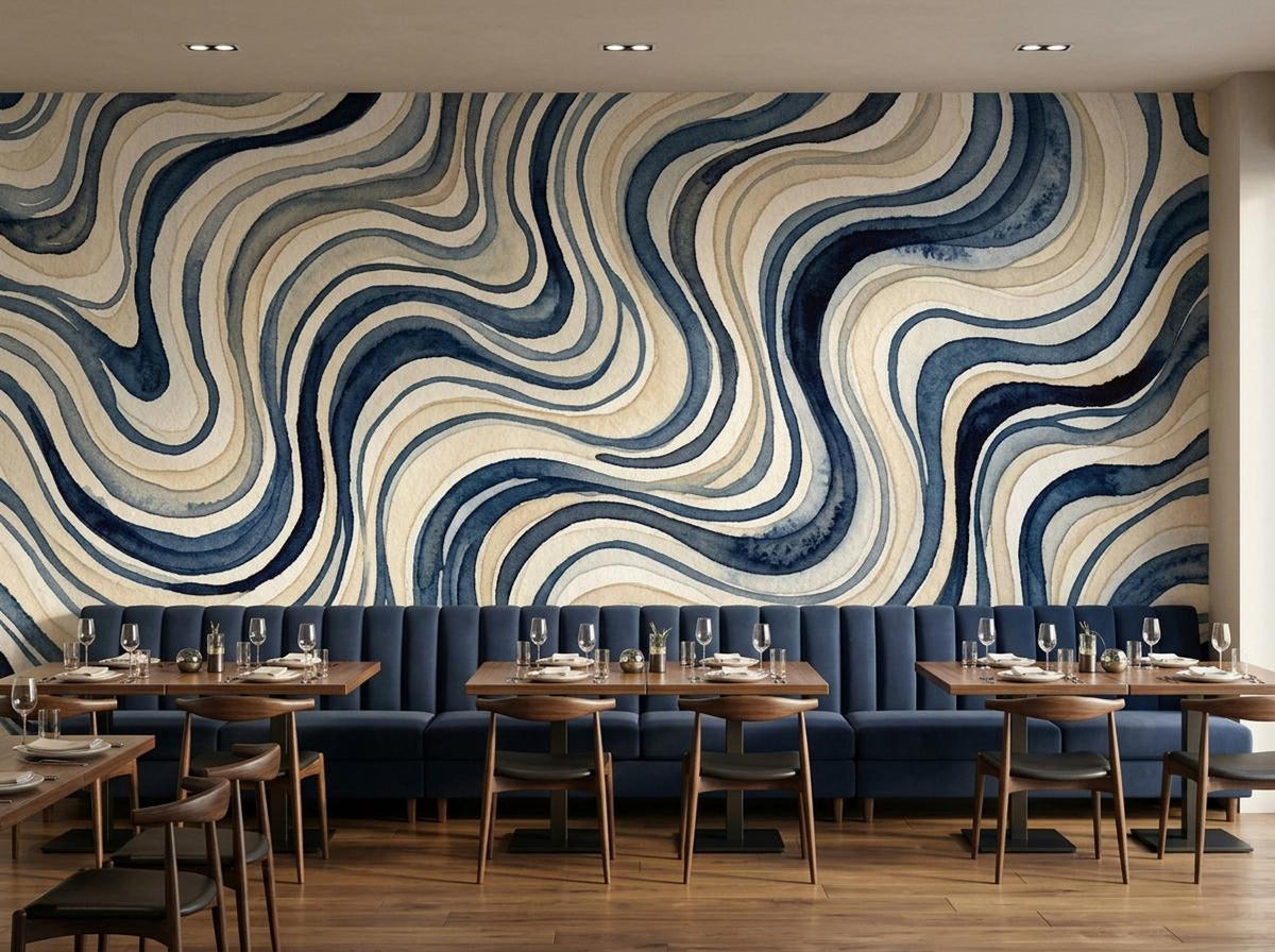A restaurant or cafe seating area with dark blue tufted booth benches and wooden tables beneath a blue wavy wallpaper.
