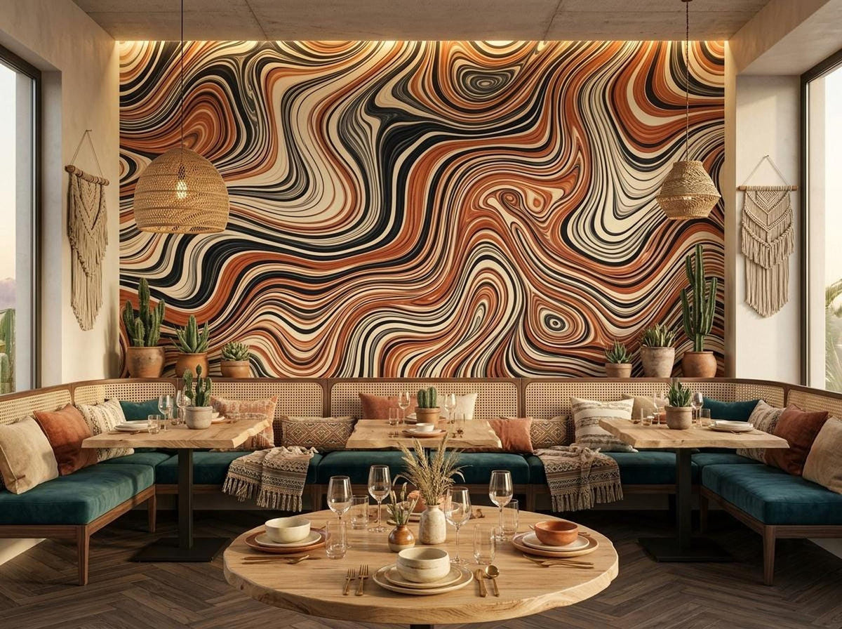 A restaurant booth seating area features the abstract wavy wall mural across the back wall, surrounded by warm lighting, wooden dining tables, and small potted cacti.