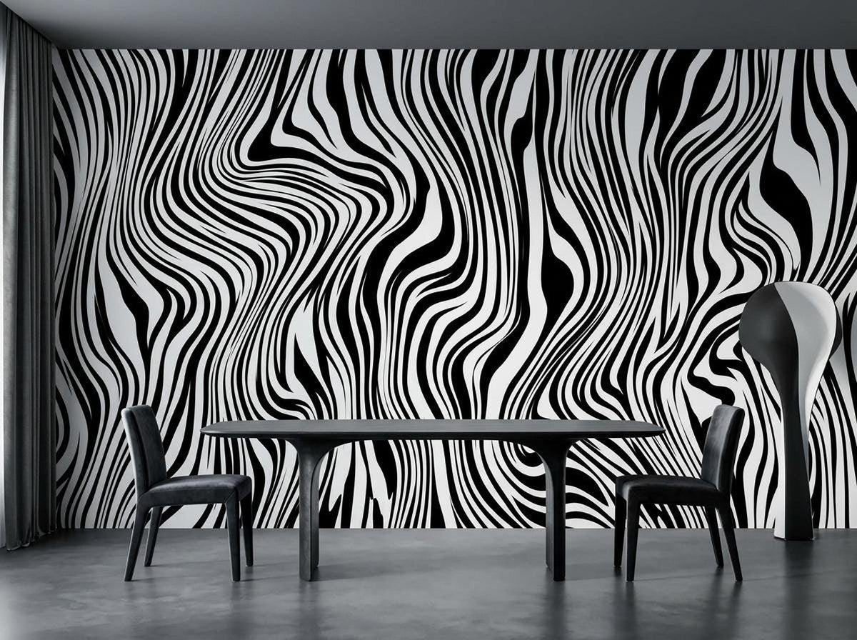 A dining space shows a black and white abstract striped wall mural behind a dark dining table and two chairs.