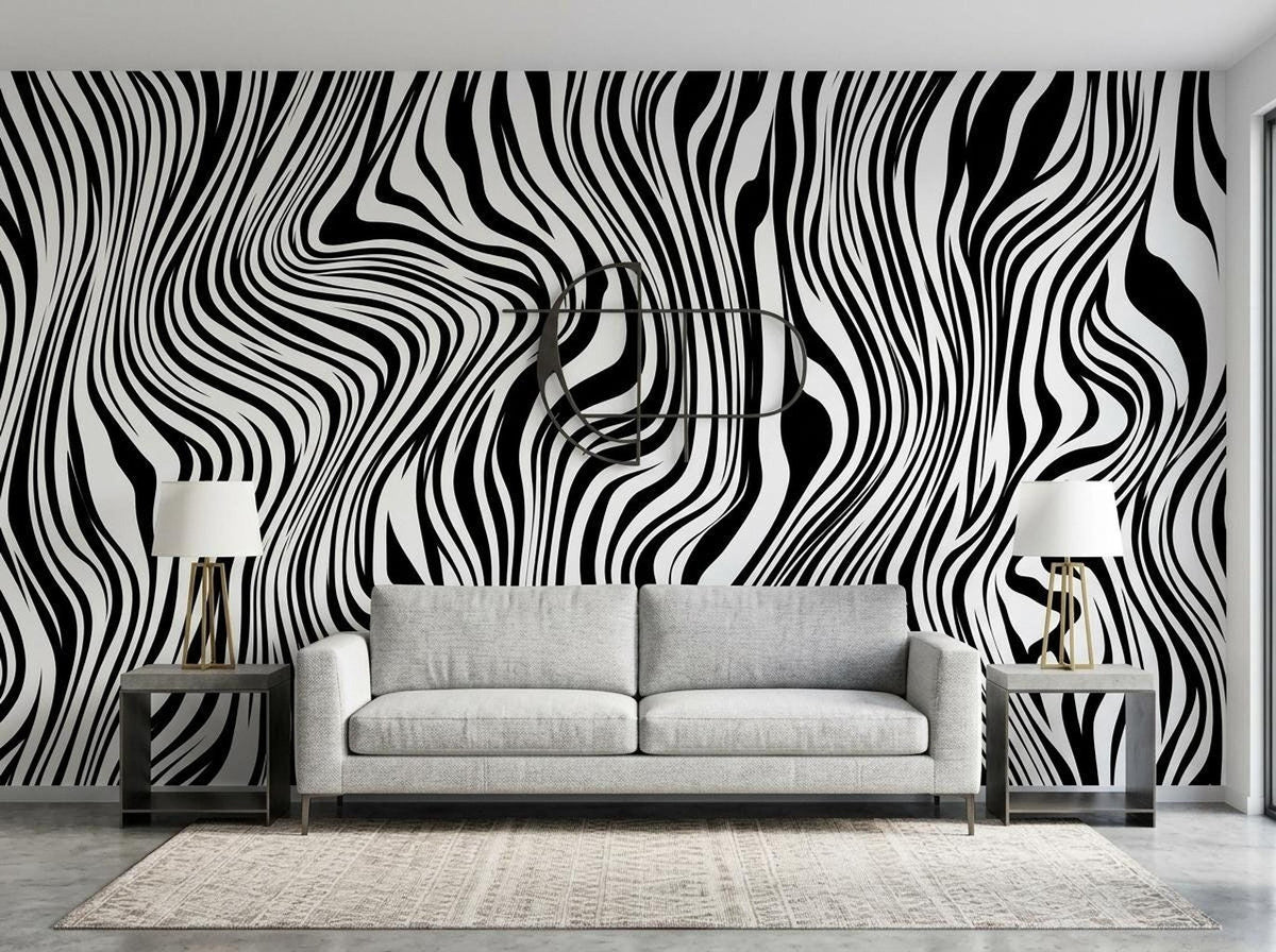 A living room set features a light grey sofa flanked by side tables and lamps against a black and white abstract wavy wallpaper.