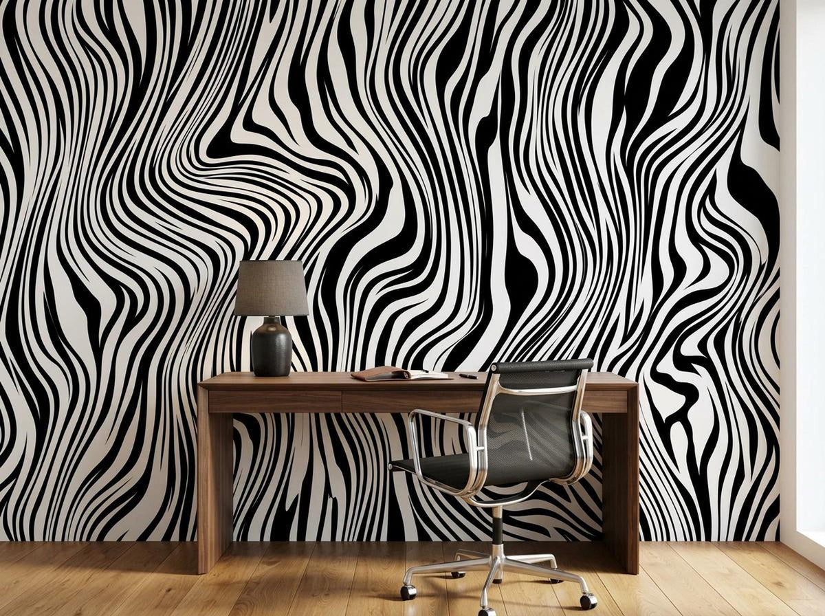 A wooden desk with a lamp and rolling chair is placed against a dramatic black and white abstract striped wall.