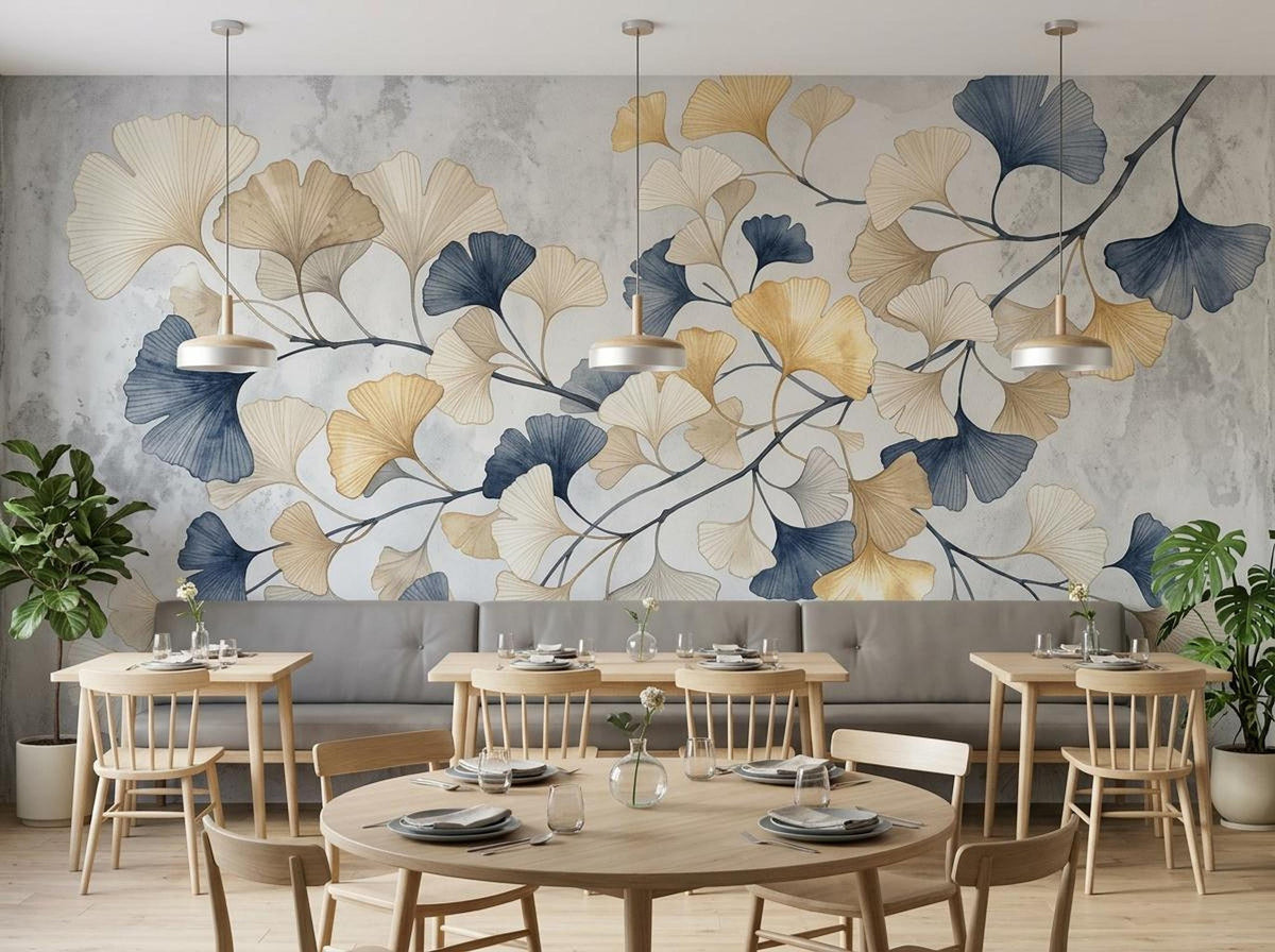 A brightly lit dining space shows a round wooden table in the foreground and rectangular tables behind it, all set against a large ginkgo leaf patterned wall mural.