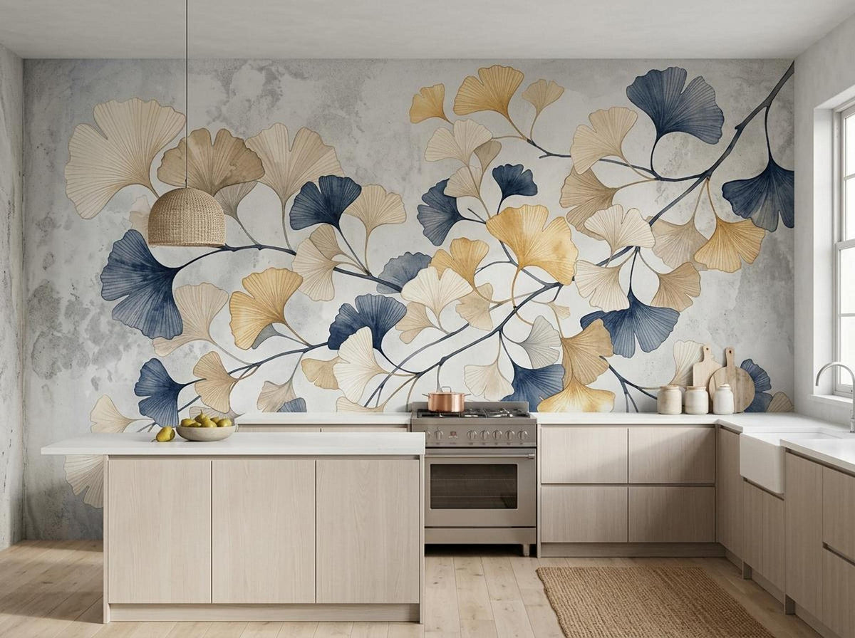 A modern kitchen features light wood cabinets, an island, and a stainless steel oven set against a wall mural depicting detailed ginkgo tree branches with blue and gold leaves.