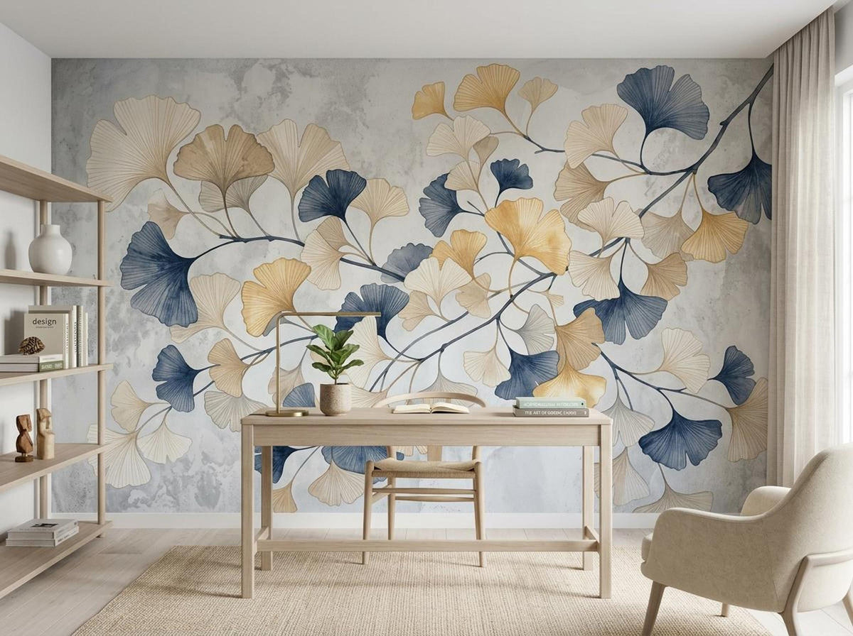 A home office setting displays a wooden desk and chair on a woven rug, backed by a large textured wallpaper mural with a pattern of golden and blue ginkgo leaves.