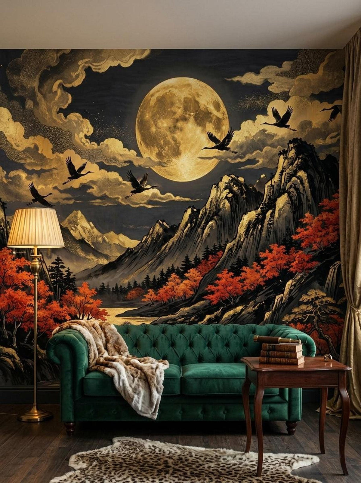 A living room scene displaying the Japanese landscape wallpaper behind a green velvet tufted sofa and a gold floor lamp.