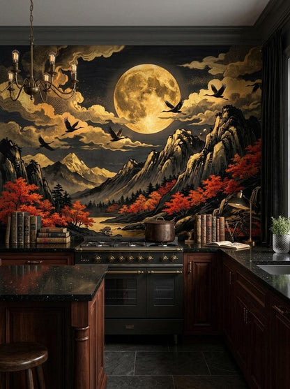 The Japanese landscape mural installed in a dark kitchen above a black stove and dark wooden cabinets.