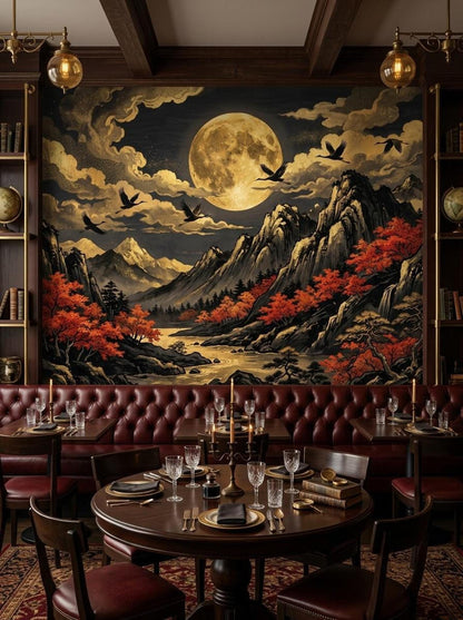 The Japanese moon and crane wall mural installed in a dining room with dark wood booths and round tables.
