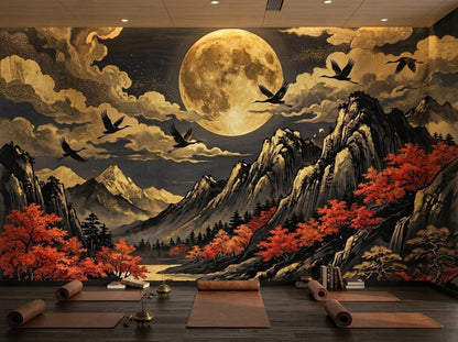 A large Japanese landscape wall mural featuring a full moon, mountains, and flying cranes, shown in a yoga studio with mats on the floor.