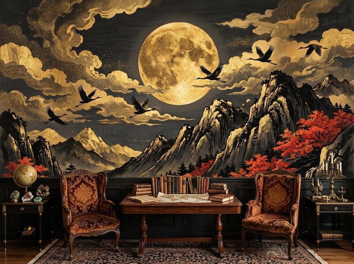 The Ukiyo-e style mountain and moon wall mural displayed behind a study desk flanked by two patterned armchairs.