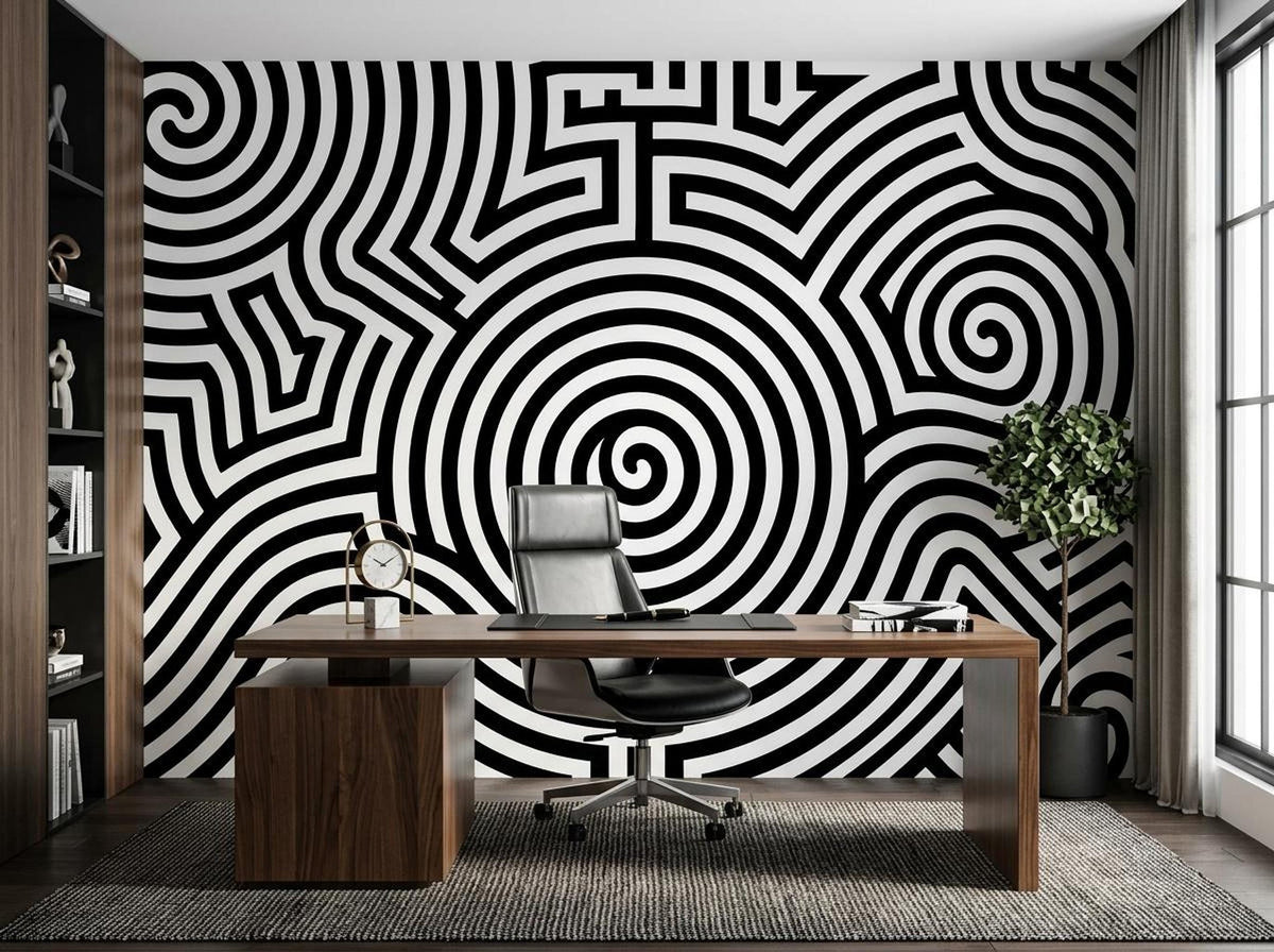 A home office setup includes a dark wood desk and black leather chair set against a wall with a black and white spiral mural.