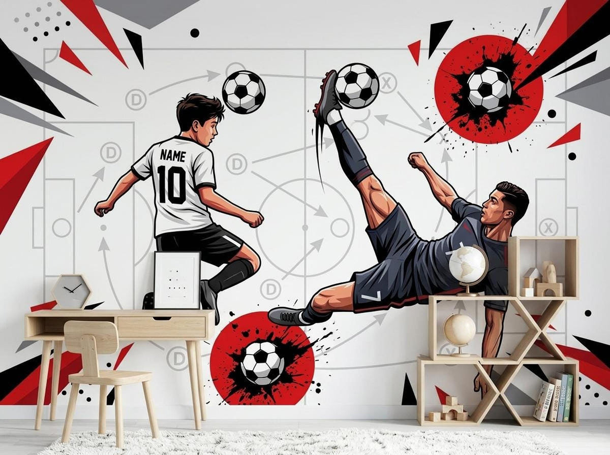Wooden desk and geometric shelving unit set against a soccer themed wall mural with illustrated players and red and black geometric accents.