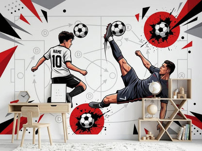 Wooden desk and geometric shelving unit set against a soccer themed wall mural with illustrated players and red and black geometric accents.