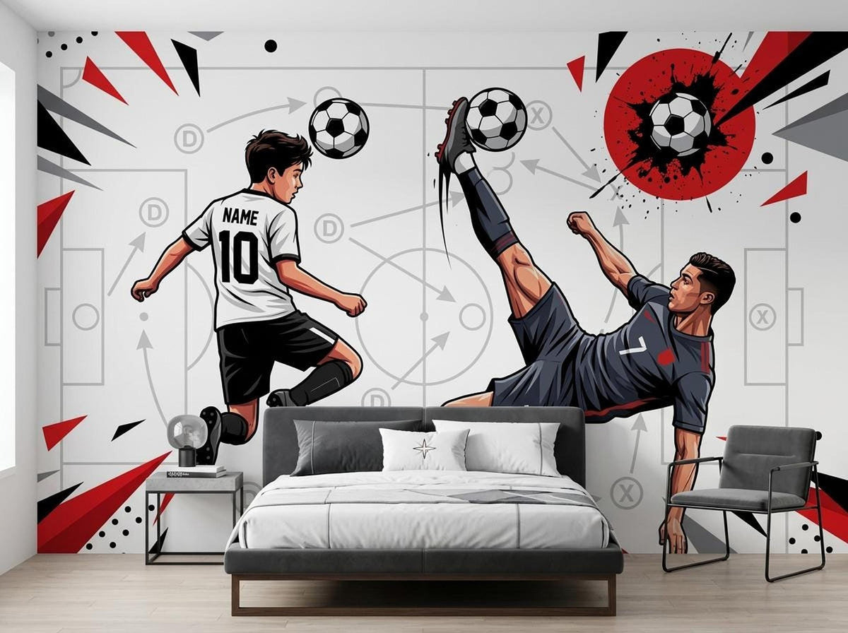 Soccer wall mural in a bedroom featuring illustration of a boy in a white jersey and a player kicking a ball over a bed with a gray upholstered headboard.