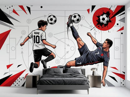 Bed and nightstands positioned against a soccer wall mural depicting tactical diagrams, a boy in a personalized jersey, and an action player.