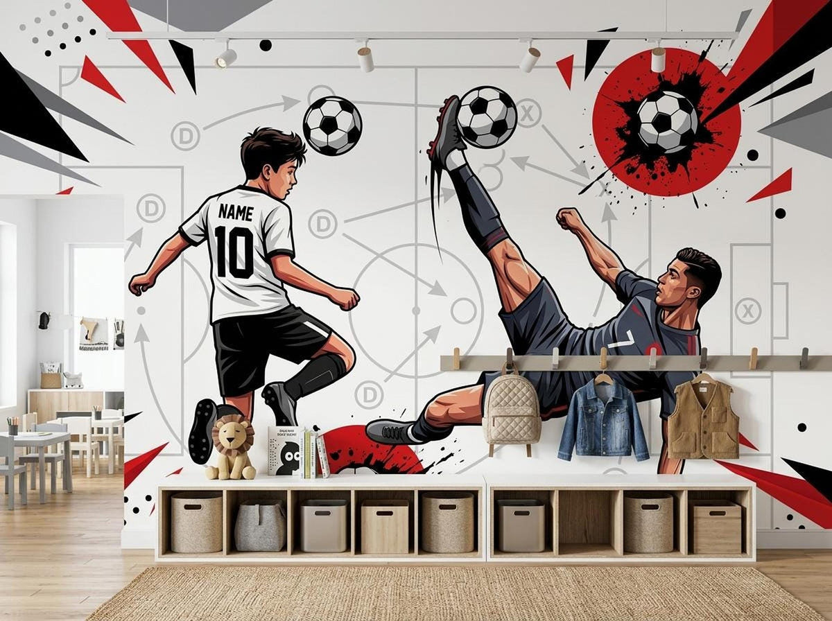 Low wooden storage shelves and toy cubbies placed below a soccer themed wall mural with players, soccer balls, and abstract red and black shapes.