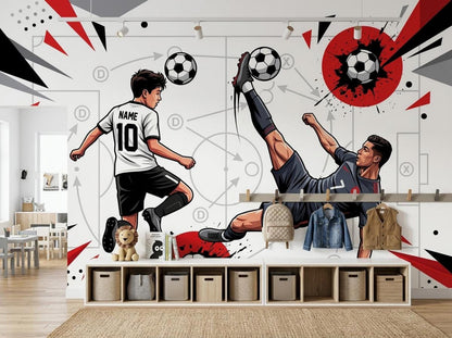 Low wooden storage shelves and toy cubbies placed below a soccer themed wall mural with players, soccer balls, and abstract red and black shapes.