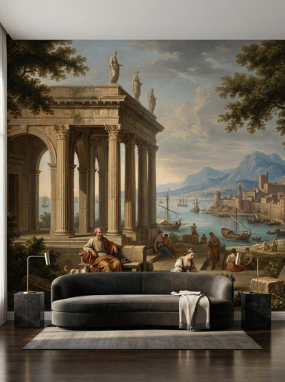 A neoclassical wall mural depicting a Greek coastal harbor scene with classical architecture is installed behind a modern gray curved sofa and two lamps on marble stands.