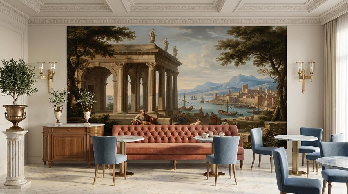 A neoclassical Mediterranean landscape mural spans a wall above a salmon-pink sofa, flanked by small dining tables and chairs in a bright, ornate room.