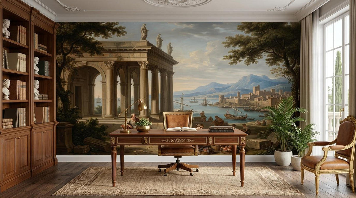 A neoclassical wall mural of a Mediterranean harbor scene is mounted behind a wooden desk and chair, flanked by a tall wooden bookcase and a window with potted plants.