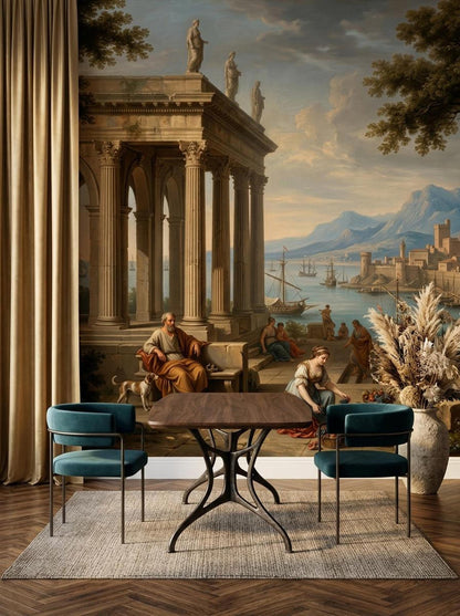 A neoclassical wall mural of an ancient Greek harbor is featured in a room with tall beige curtains, a wooden dining table, and two dark teal armchairs.
