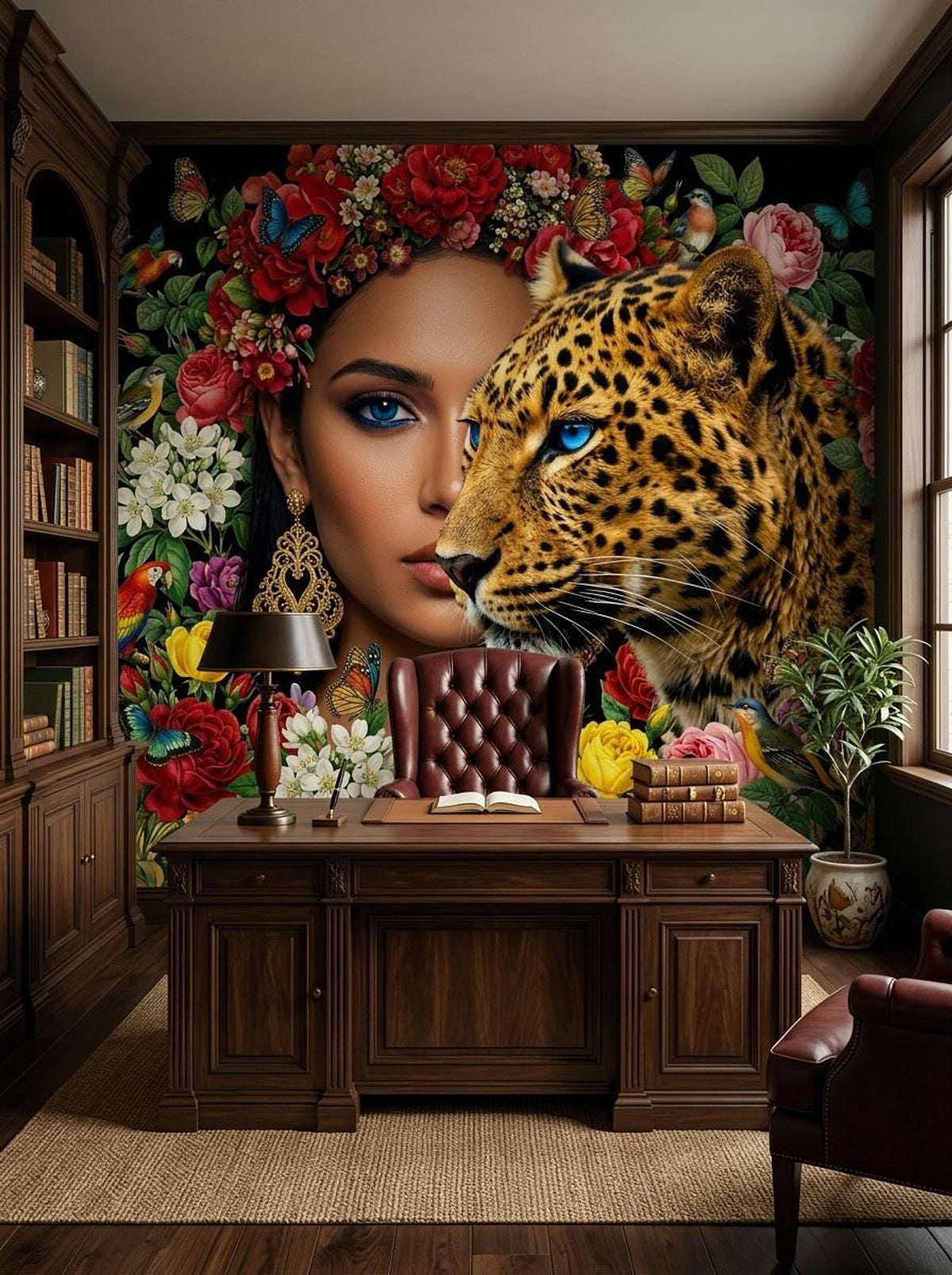The exotic leopard and floral wall mural in a wood-paneled home office behind a dark wood desk, leather chair, and bookcase.