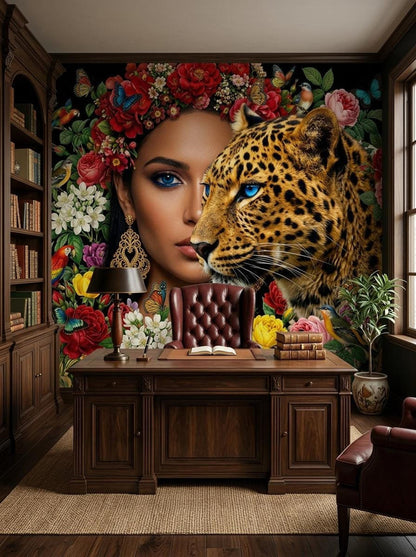 The exotic leopard and floral wall mural in a wood-paneled home office behind a dark wood desk, leather chair, and bookcase.