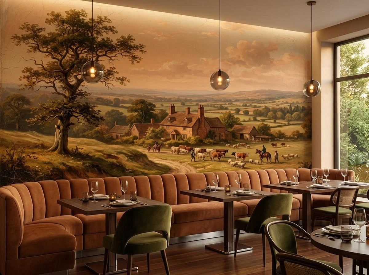 A large vintage oil painting style wallpaper of a pastoral landscape covers the wall behind restaurant booths and tables.