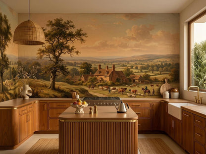 A rustic kitchen features a countryside oil painting wallpaper above wooden cabinets and a center island.
