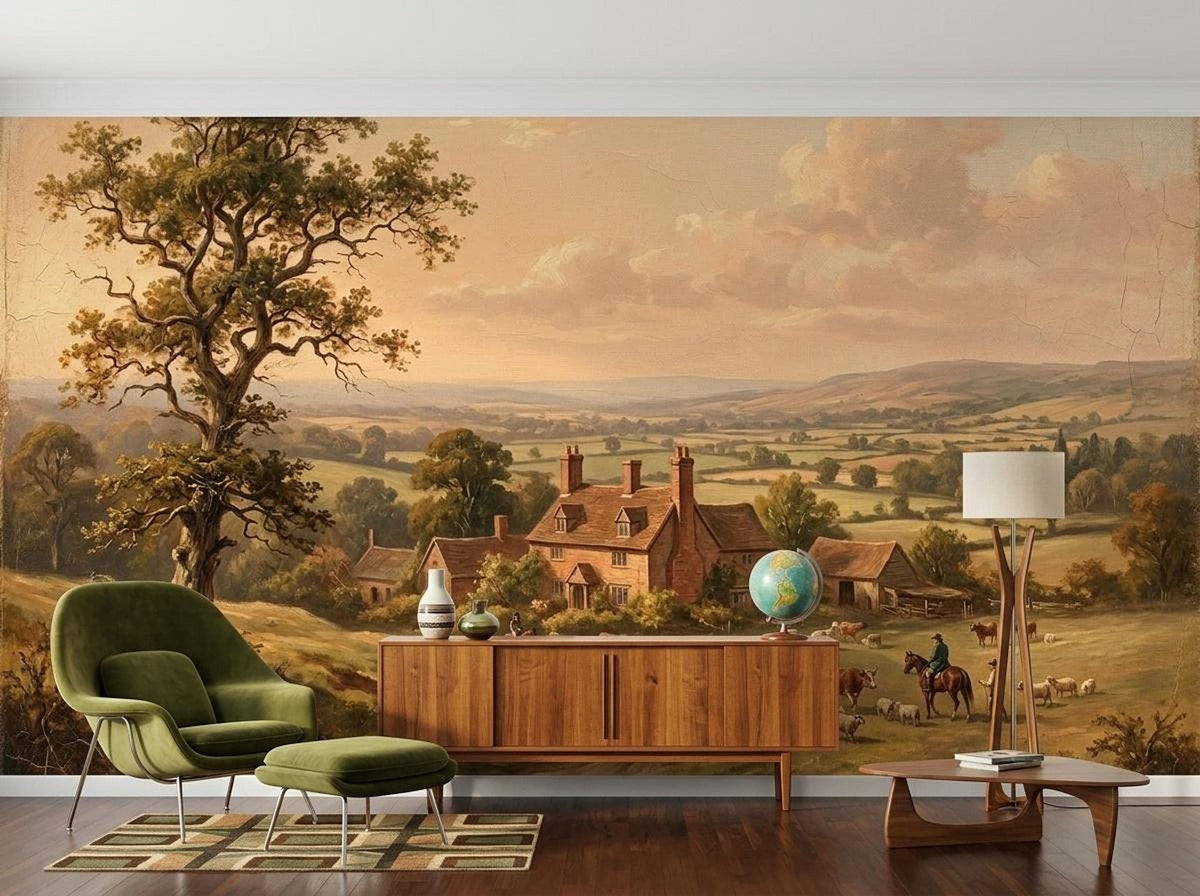 A countryside wall mural serves as a backdrop for a wooden credenza, green armchair, and modern lamp in a living room.