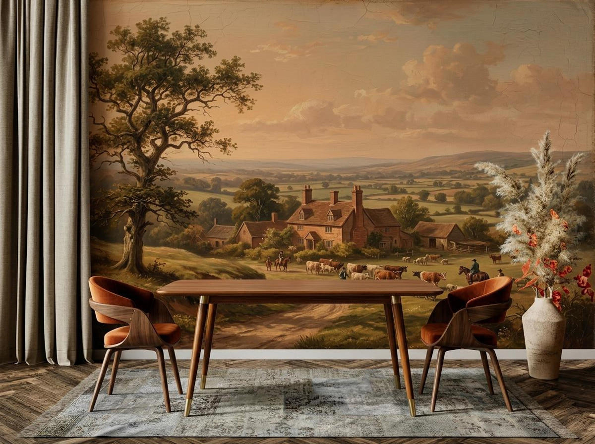 A dining space shows a wooden table and two orange chairs set upon a patterned rug in front of a farmhouse wall mural.