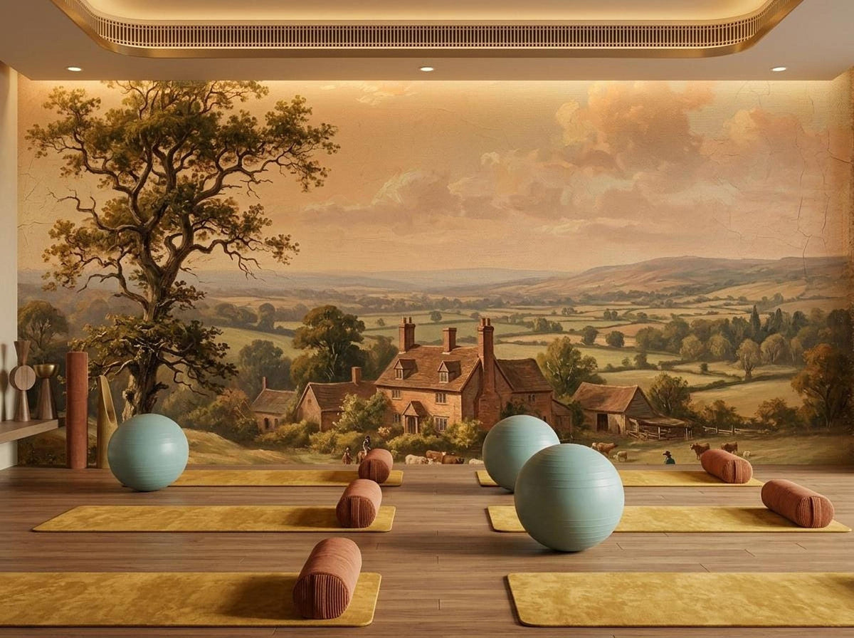 A yoga studio floor is arranged with yellow mats, exercise balls, and bolster pillows in front of a pastoral wall mural.