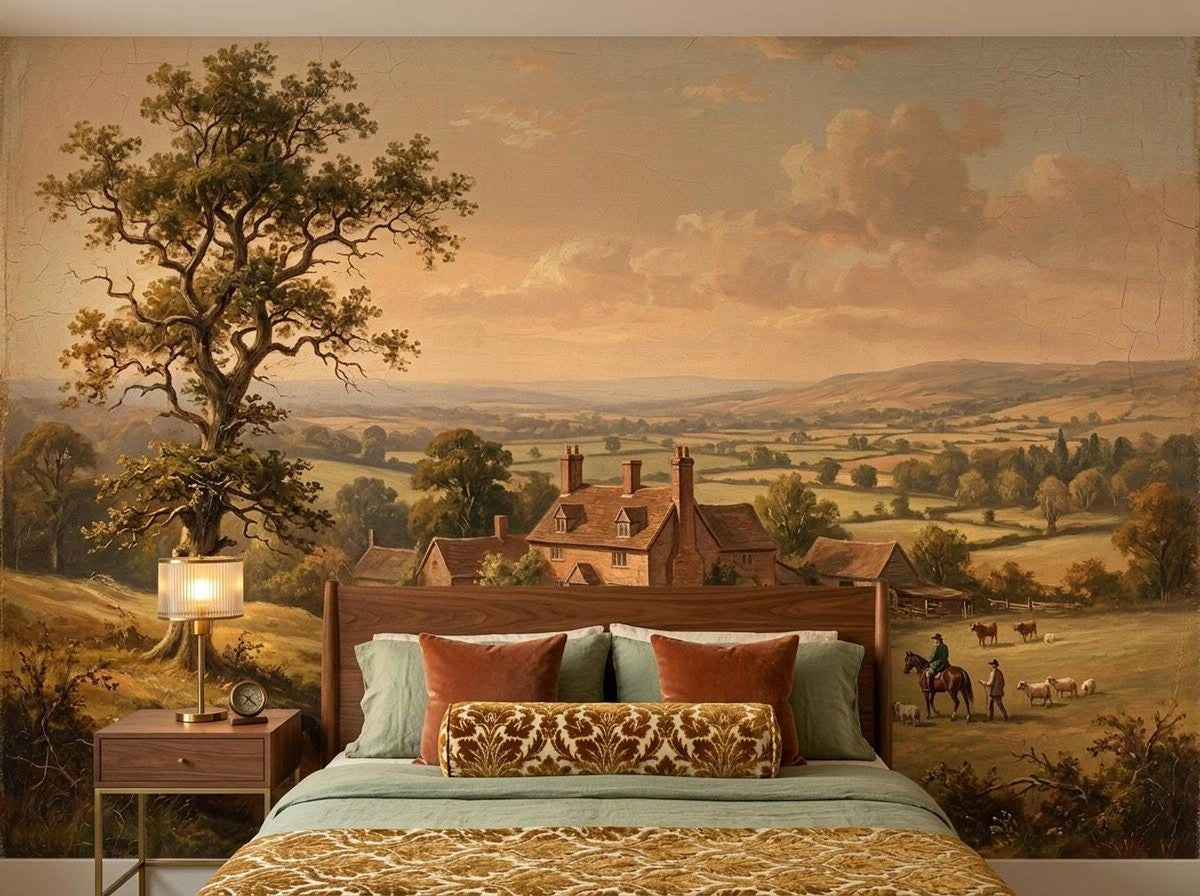 A bedroom features a wooden bed with patterned pillows positioned directly against a large antique landscape wallpaper.