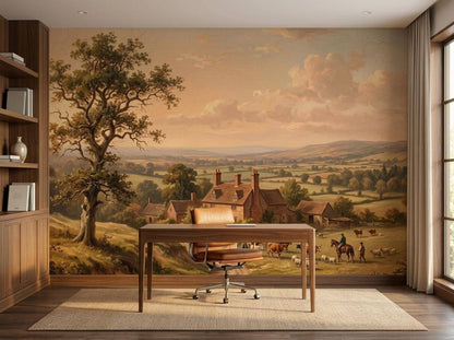 A home office setup includes a wooden desk and chair placed against a large vintage landscape wall mural.
