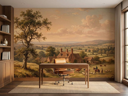 A home office setup includes a wooden desk and chair placed against a large vintage landscape wall mural.