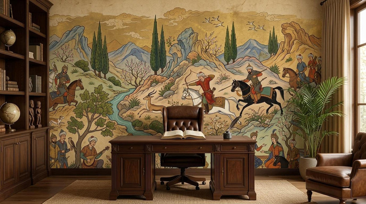 A home office features a dark wooden desk and leather chair centered against a large Persian miniature wall mural depicting a mountain hunting scene.