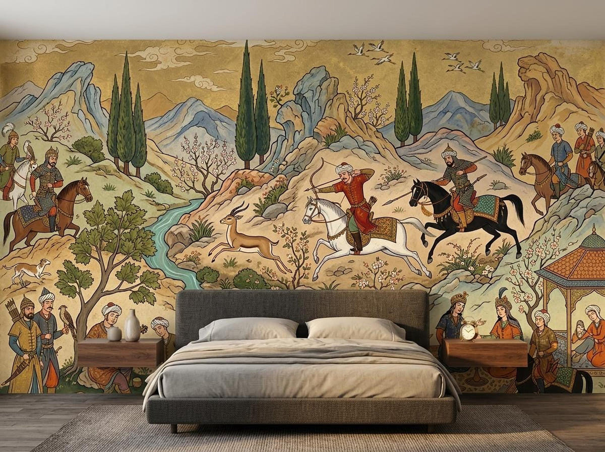 A minimalist bed with wooden nightstands is set against a large Persian miniature hunting scene wall mural.