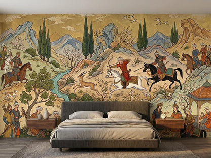 A minimalist bed with wooden nightstands is set against a large Persian miniature hunting scene wall mural.