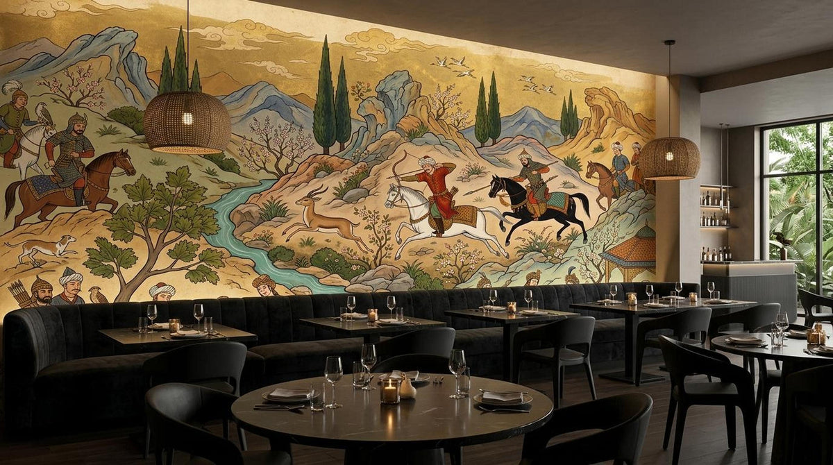 A restaurant interior shows dark round tables with place settings and black chairs in front of a large Persian miniature hunting scene mural.