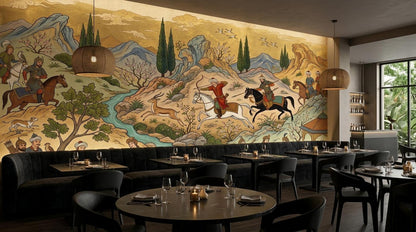 A restaurant interior shows dark round tables with place settings and black chairs in front of a large Persian miniature hunting scene mural.