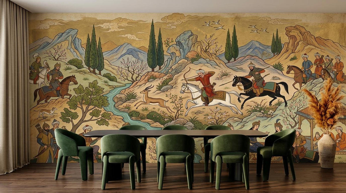 A long dining table with green velvet chairs is set before a large Persian miniature wall mural showing a vintage landscape and hunting figures.