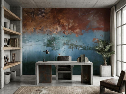 A home office with a concrete desk and armchair set in front of a weathered copper and teal abstract wall mural.