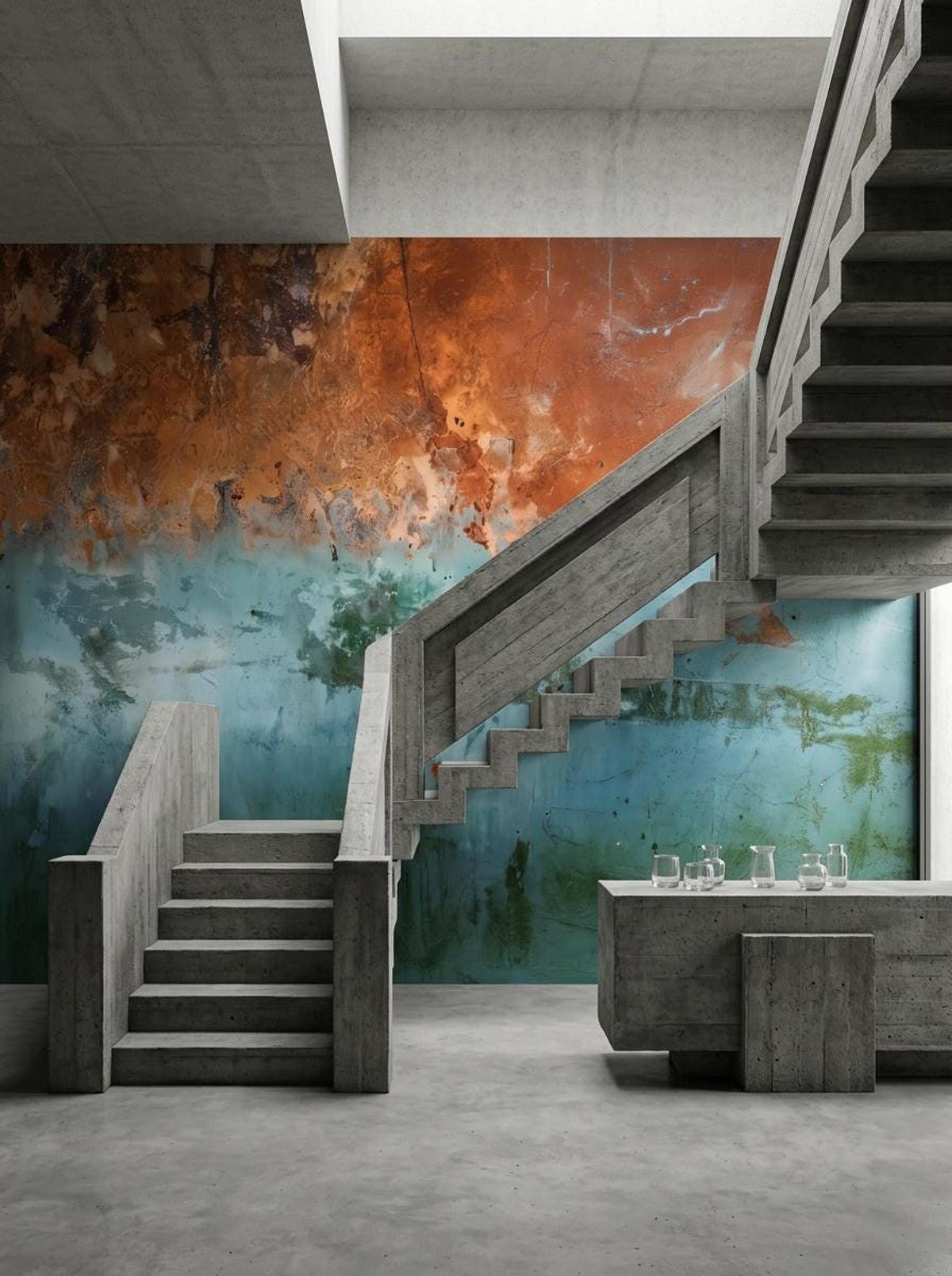 An industrial interior featuring concrete staircases and a counter set against a large abstract copper and blue mural.