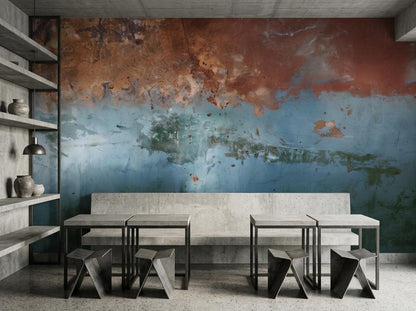A seating area with concrete tables and stools positioned against a distressed copper and blue accent wall.